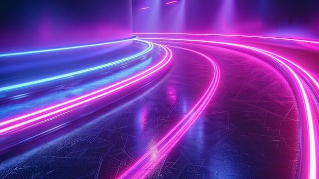 Sfondio dell'effetto luminoso del neon 3D Una strada ad alta velocità si riflette nel fascio curvo di neon viola e blu