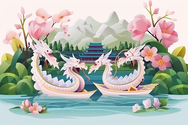 Sfondio della barca del drago in stile cartaceo