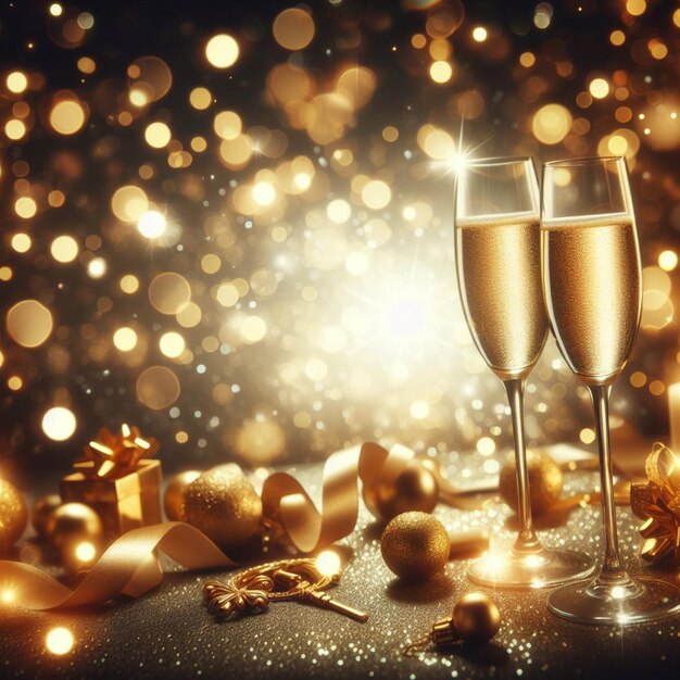 Sfondio della celebrazione con bicchieri di champagne e luci bokeh dorate