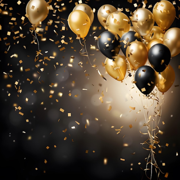 Sfondio della celebrazione con confetti e palloncini d'oro AI generativa