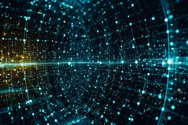 Sfondio della tecnologia dei dati futuristica con luci al neon e sfere luminose