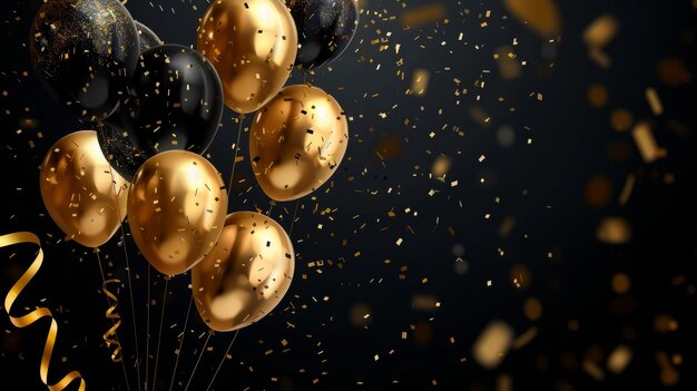 Sfondio delle celebrazioni con palloncini neri e dorati serpentine confetti scintillanti