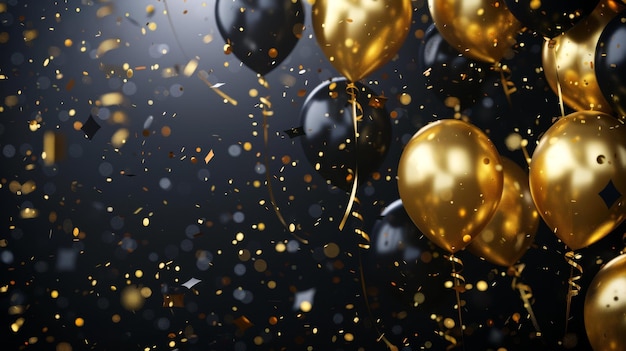 Sfondio delle celebrazioni con palloncini neri e dorati serpentine confetti scintillanti