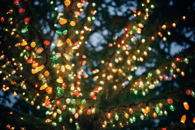 Sfondio delle vacanze di Natale e Capodanno con luci bokeh e pino