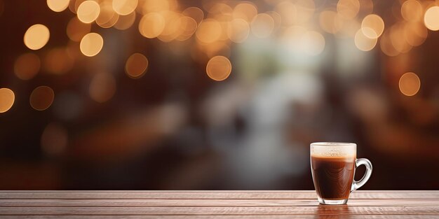 Sfondio di caffetteria con bokeh sfocato che mostra il prodotto su un tavolo di legno