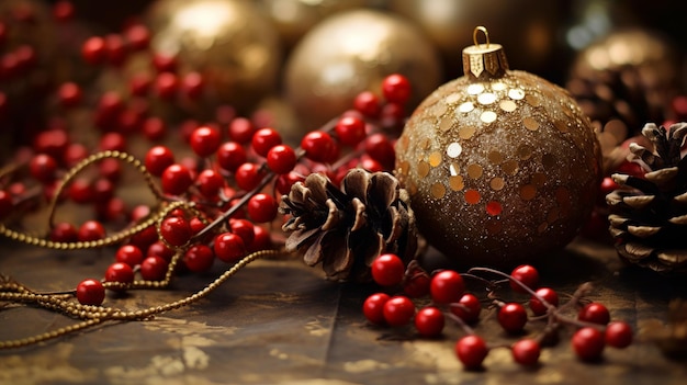 Sfondio di Capodanno e Natale con conie di pino marrone e palle rosse che catturano l'atmosfera festiva e accogliente della stagione natalizia Generative Ai