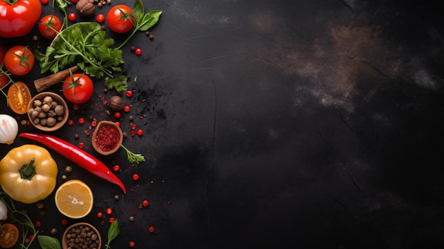 Sfondio di cibo su una tavola di pietra nera con verdure fresche e spezie