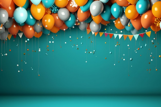 Sfondio di compleanno con palloncini confetti e ghirlande un sacco di spazio vuoto per le copie