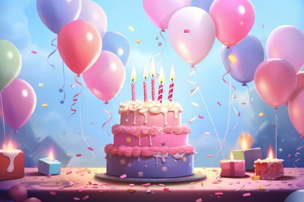 Sfondio di compleanno con torta di compleano con candele e palloncini colorati
