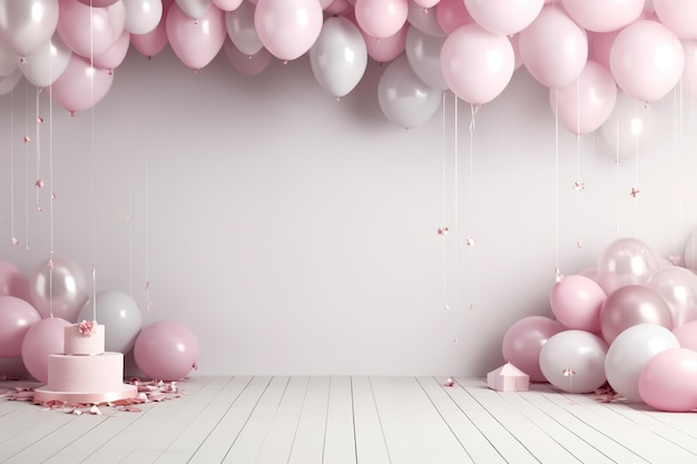 Sfondio di festa con palloncini rosa e torta su pavimento di legno bianco Sfondio con spazio di copia