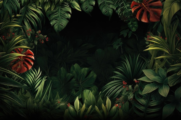 Sfondio di foglie tropicali Monstera felce foglie di palma ibisco illustrazione 3d bellissimo sfondo di giungla con bordo fatto di foglia tropicali AI generato