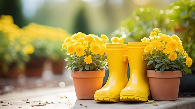 Sfondio di giardinaggio con vasi da fiore stivali gialli in giardino soleggiato primaverile o estivo AI generativa
