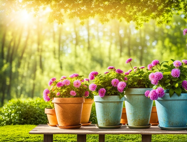 Sfondio di giardinaggio con vasi di fiori in un giardino soleggiato di primavera o estate