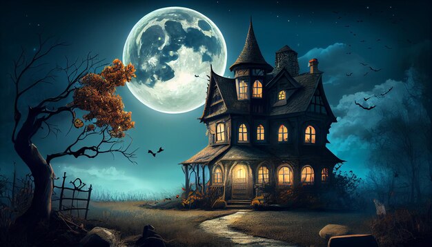 Sfondio di Halloween con casa infestata e luna piena Immagine generata da Ai