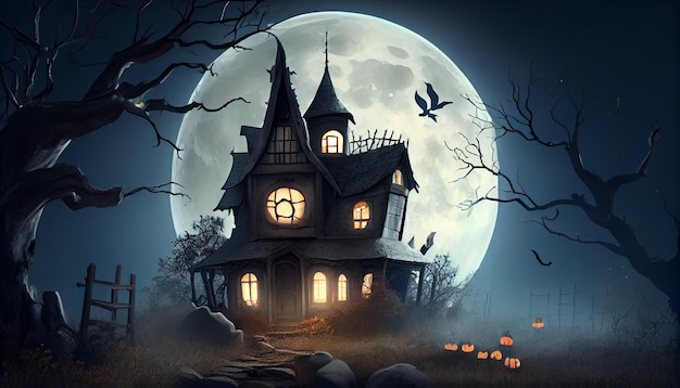 Sfondio di Halloween con casa infestata e luna piena Immagine generata da Ai