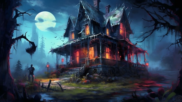 Sfondio di Halloween con casa infestata e luna piena