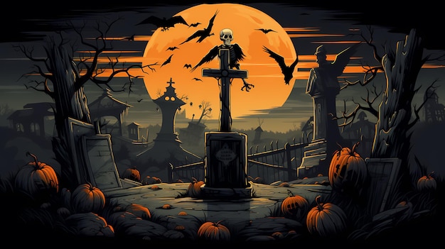 Sfondio di Halloween con castello di zucche e pipistrelli che volano sopra il cimitero
