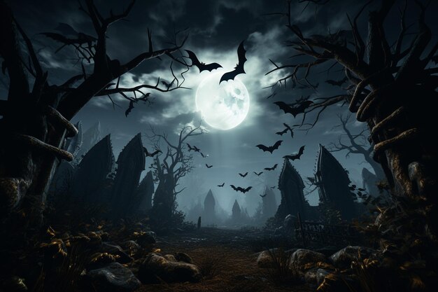 Sfondio di Halloween con foresta spettrale e luna piena rendering 3D