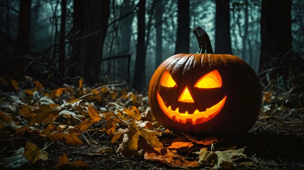 Sfondio di Halloween con zucche spaventose in una foresta buia di notte