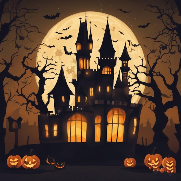 Sfondio di Halloween in design piatto con zucche luminose castello vintage ai generato