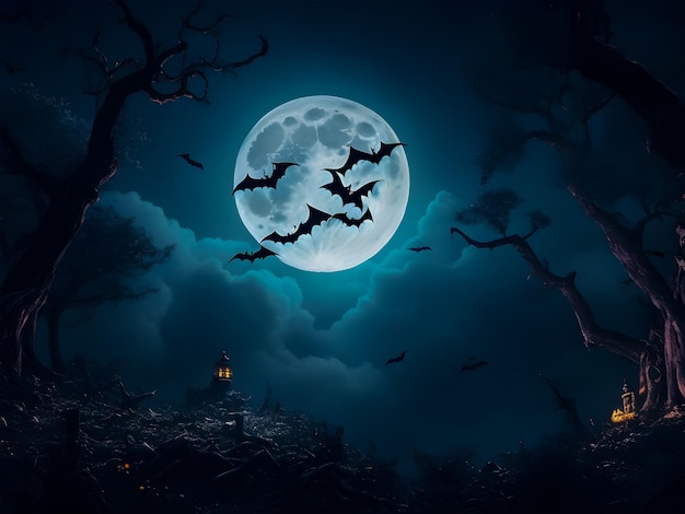 Sfondio di Halloween luna piena e pipistrelli generativo ai