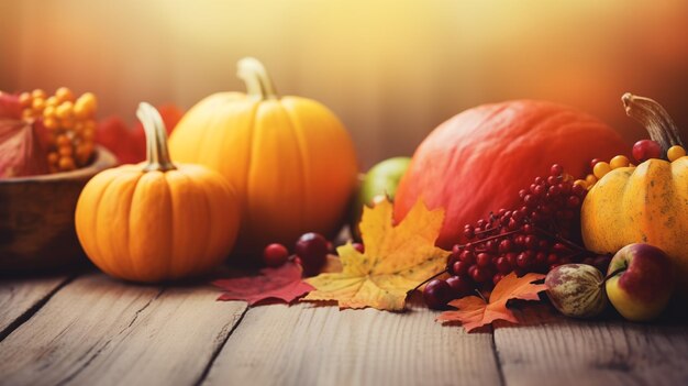 Sfondio di legno vuoto con zucche e foglie d'autunno, raccolto del Ringraziamento, concetto di Halloween