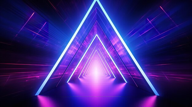 Sfondio di luce al neon astratto con tunnel triangolare luci al neon viola che brillano in uno spazio scarsamente illuminato AI generativa