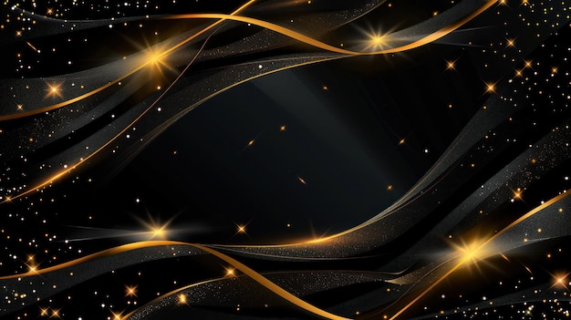 Sfondio di lusso nero con elementi di linea a nastro dorato e decorazione a effetto luce scintillante