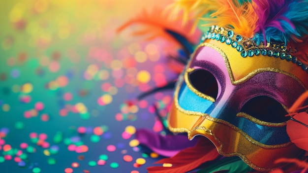 Sfondio di Mardi Gras con spazio di copia striscia luminosa con piume colorate di maschera confetti Carnevale Pu