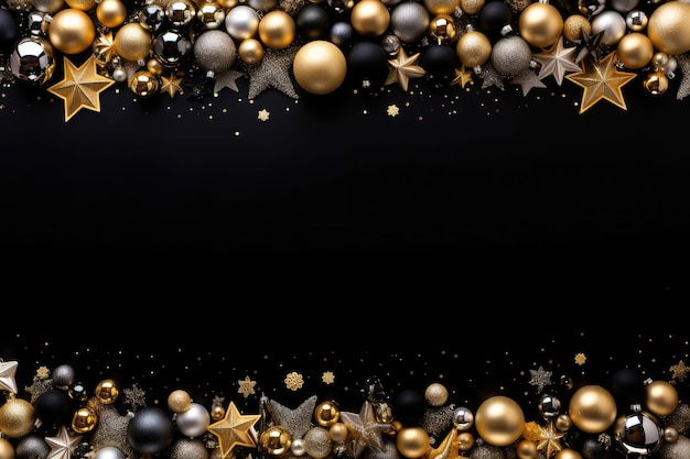Sfondio di Natale e Capodanno con decorazioni in oro e argento su nero