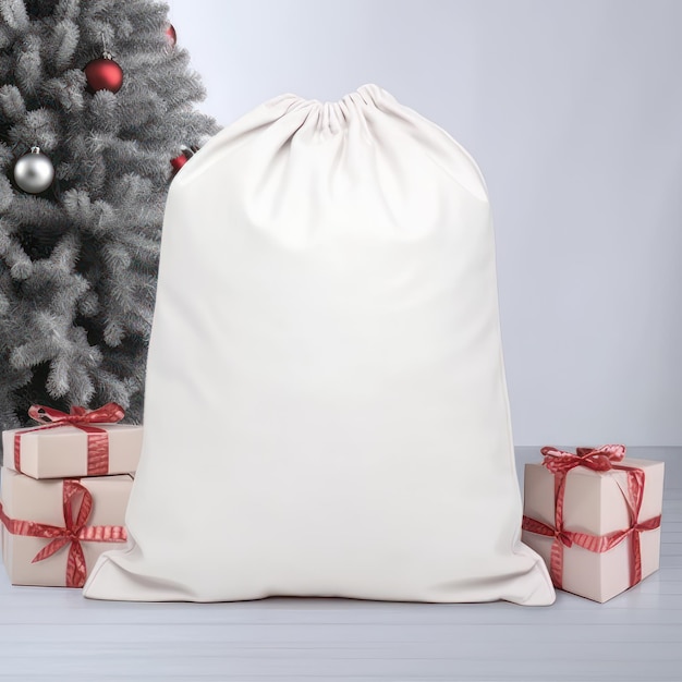 Sfondio di Natale o Capodanno Borsa bianca con regali e albero di Natale