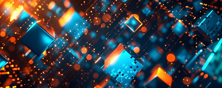 Foto sfondio di onde blu e arancione astratto con scheda di circuito di dati digitali ed elementi tecnologici