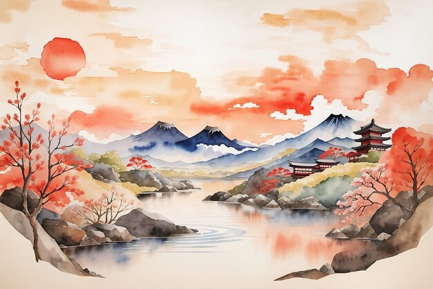 Sfondio di paesaggio astratto in acquerello a tema tradizionale giapponese