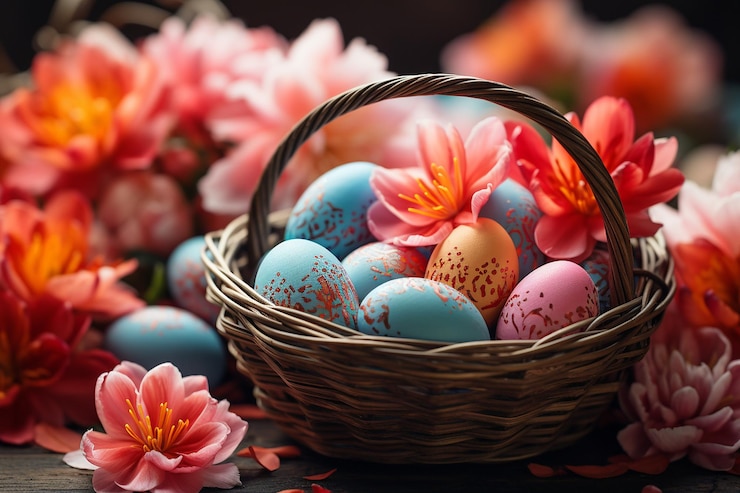Foto sfondio di pasqua con cesto di uova