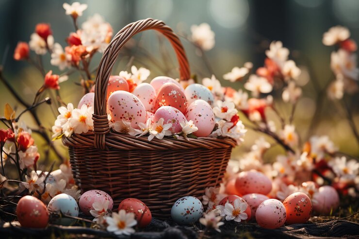 Foto sfondio di pasqua con tema di cesto da picnic