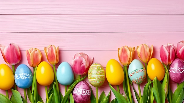 Sfondio di Pasqua con uova colorate e tulipani su legno rosa Generativo Ai