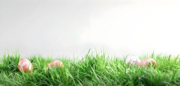 Sfondio di Pasqua con uova di Pasqua orecchie di coniglio uova dipinte uova di coniglio su prato Ai generato