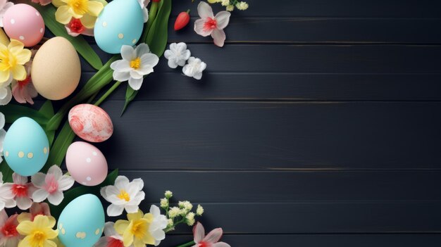 Sfondio di Pasqua con uova dipinte di Pasqua e fiori primaverili Vista superiore con spazio di copia