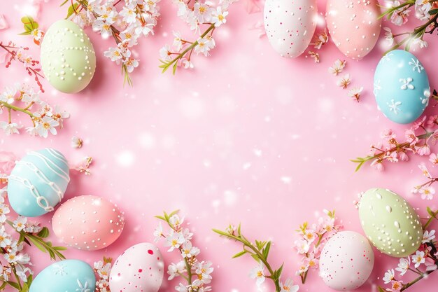 Sfondio di Pasqua con uova fiori bokeh e copia spazio