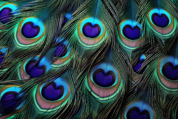 Sfondio di piume di pavone Macro di piuma di pavone astratto Close-up Vivace consistenza di piume esotiche di uccelli Generato da Ai