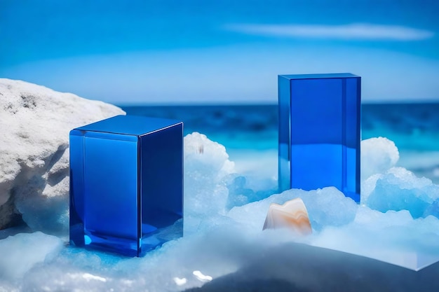 Sfondio di podio in plastica blu cubico naturale con agata sul mare