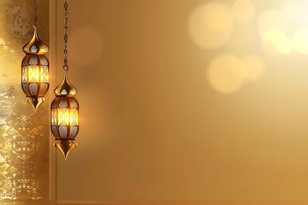 Sfondio di Ramadan Kareem con lanterne appese e bokeh dorato