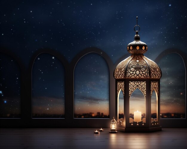 Sfondio di Ramadan Kareem con lanterne arabe tradizionali rendering 3D