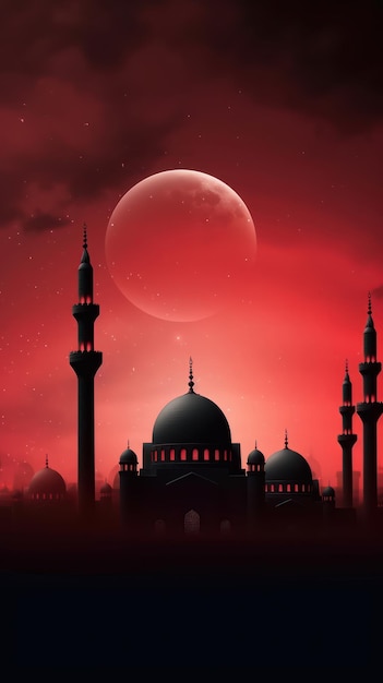 Sfondio di Ramadan Kareem con moschea e luna piena Illustrazione vettoriale