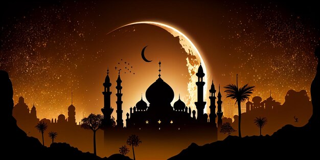 Sfondio di Ramadan kareem con silhouette di moschea e luna Illustrazione generativa di AI