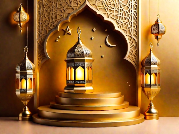 Sfondio di saluto islamico del Ramadan Kareem con podio di lanterna della moschea d'oro 3D e ornamenti a mezzaluna