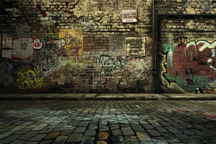 Foto sfondio di strada urbana uno sfondo urbano arenoso con pareti di mattoni graffiti e cartelli stradali adatti