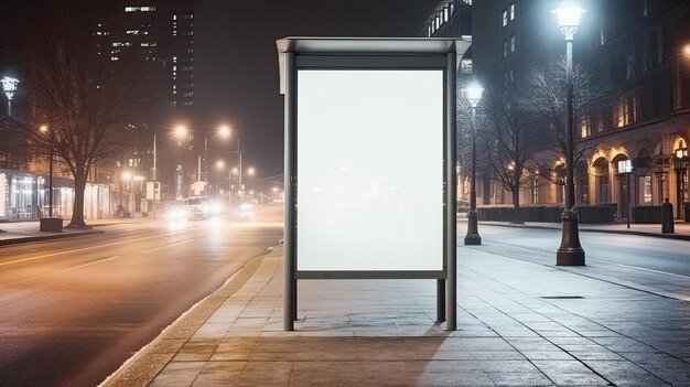 Sfondio di strada vuoto con un modello bianco di un cartellone verticale della fermata dell'autobus