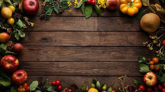 Sfondio di tavolo flatlay in legno rustico con un tema di abbondanza estiva molte lastre di legno