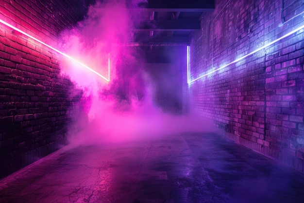 Sfondio di una stanza vuota con pareti di mattoni e luci al neon linee laser e fumo multicolore